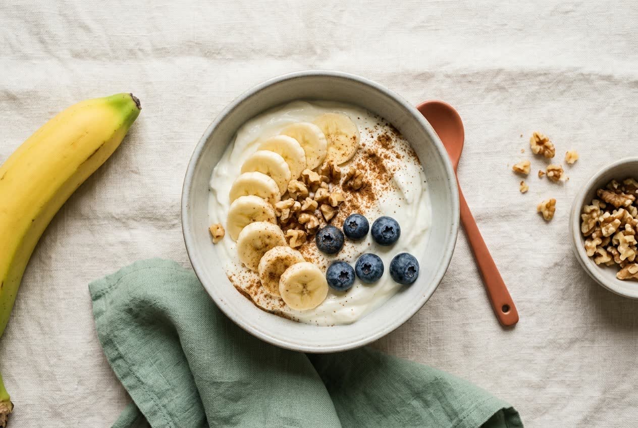 Bowl of Greek yogurt topped with sliced banana, walnuts and cinnamon — a PCOS-friendly way to eat banana