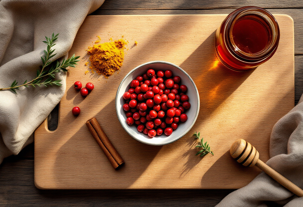 Barberries and warm spices on an oak board — berberine is extracted from the same plant family