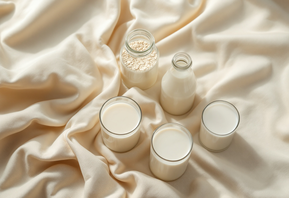 Overhead view of milk alternatives for PCOS — almond, oat, soy and coconut milk in glass bottles on a warm linen surface