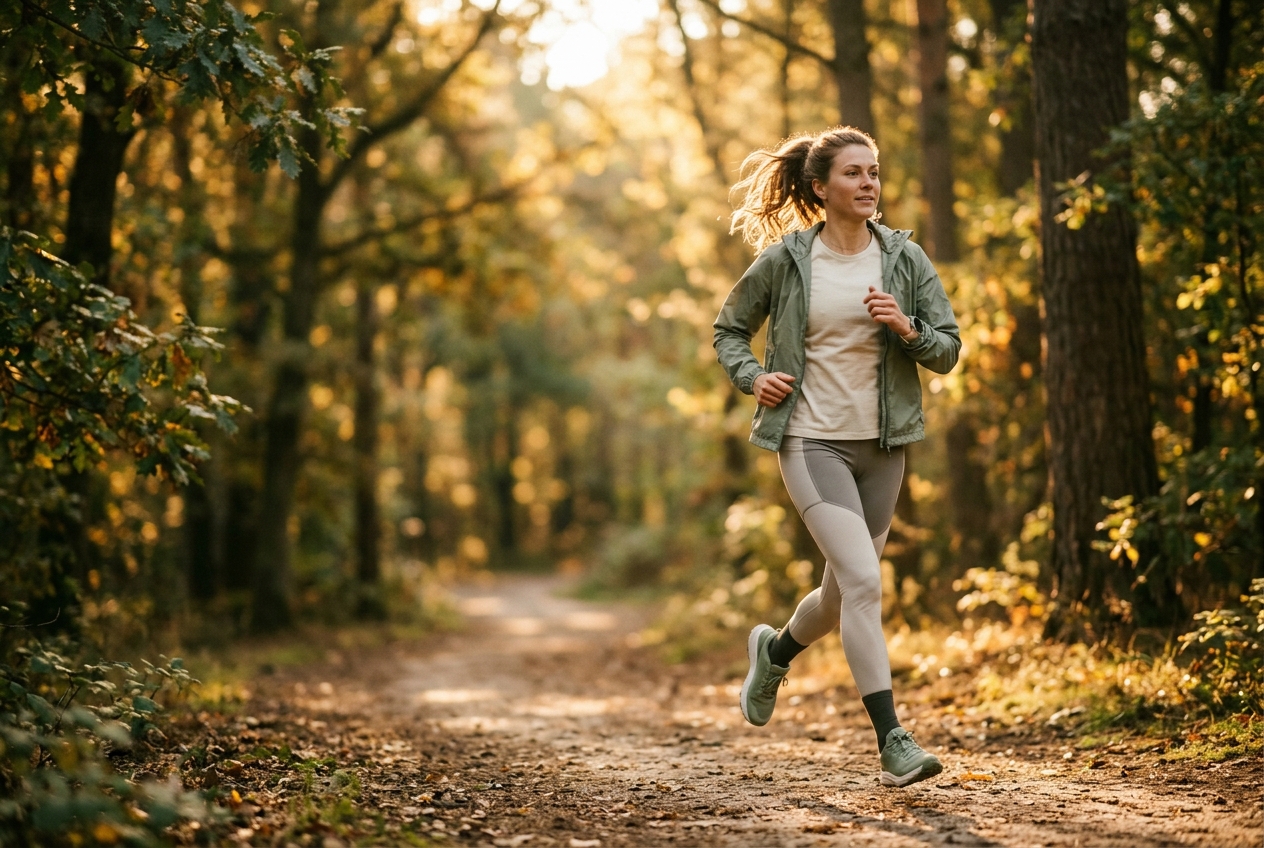 Cardio and PCOS — woman running outdoors in soft morning light