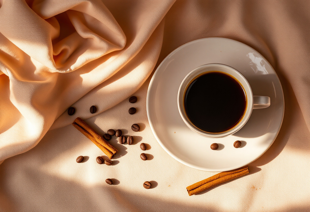 Black coffee in a ceramic cup with cinnamon sticks on a warm linen surface