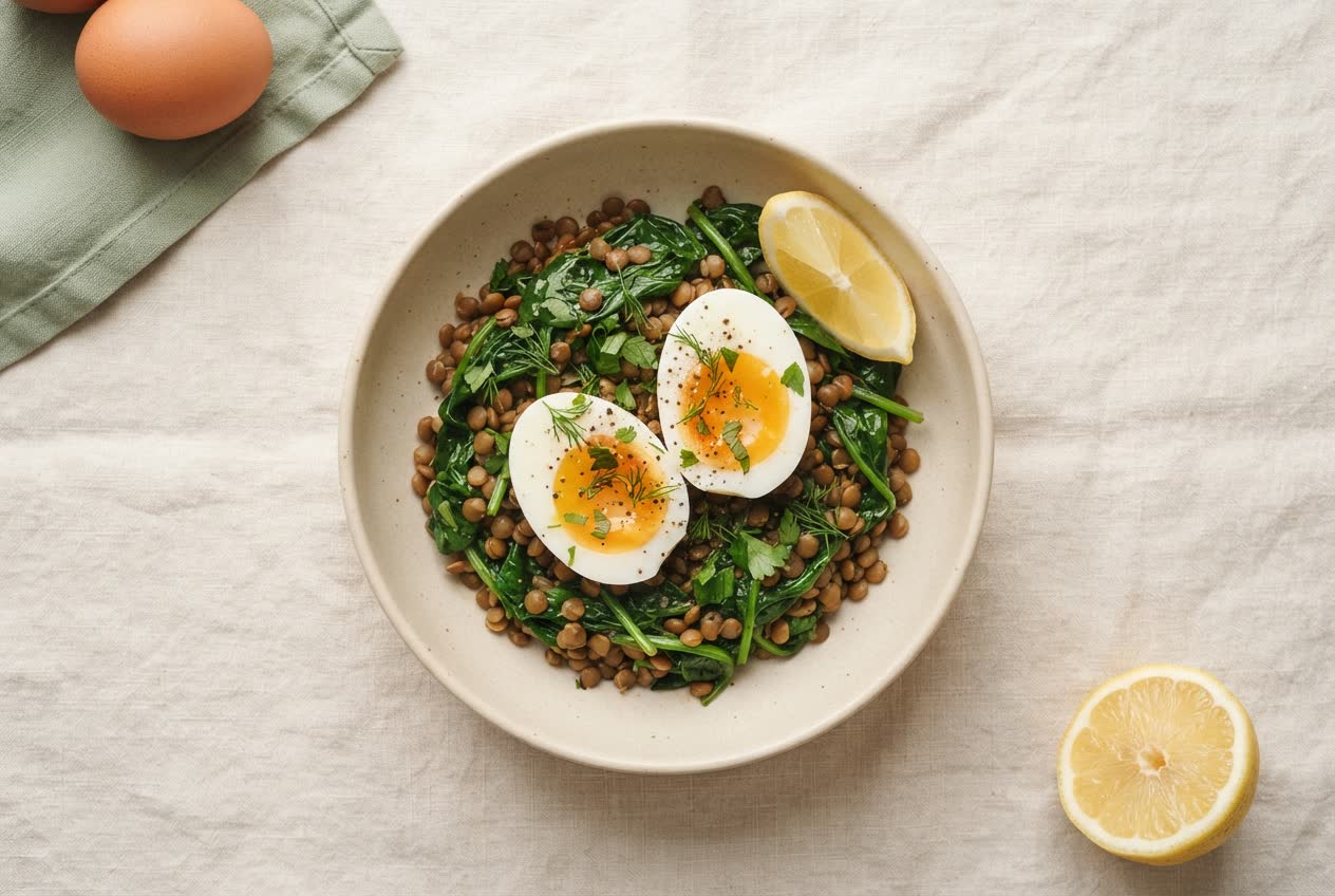 Bowl of soft-boiled eggs over sautéed spinach and lentils — a high-protein PCOS breakfast