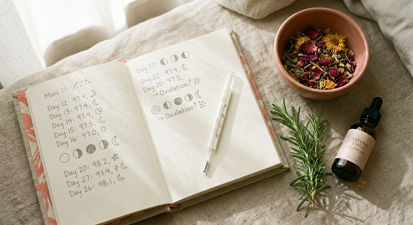 A soft-lit still life of a fertility tracking notebook, a thermometer, and dried herbs on a warm linen surface