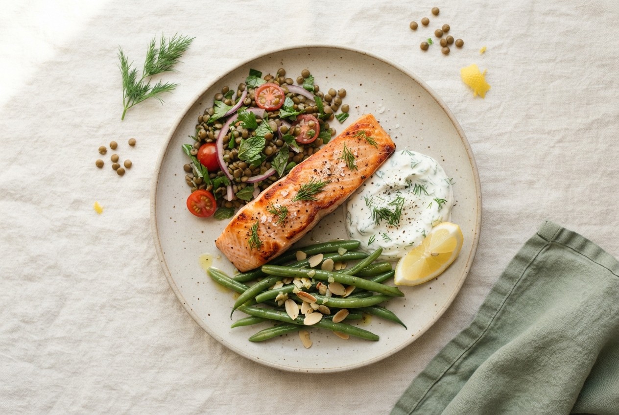 Small high-protein plate with grilled salmon, lentil salad, green beans and a spoonful of herb yogurt