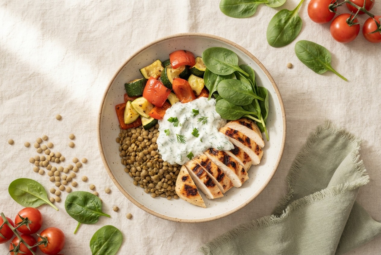 High-protein PCOS lunch bowl with grilled chicken, lentils and roasted vegetables