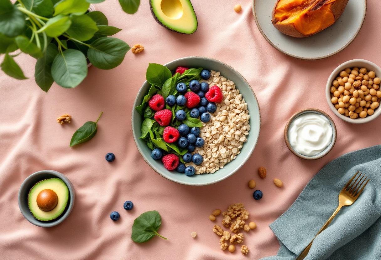 Low GI foods for PCOS — oats with berries and spinach, lentils, avocado, yoghurt and nuts