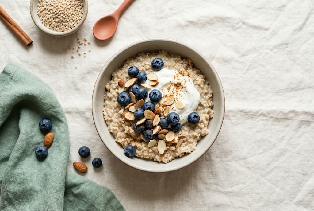Bowl of steel-cut oatmeal topped with Greek yogurt, blueberries, sliced almonds and cinnamon — a PCOS-friendly breakfast