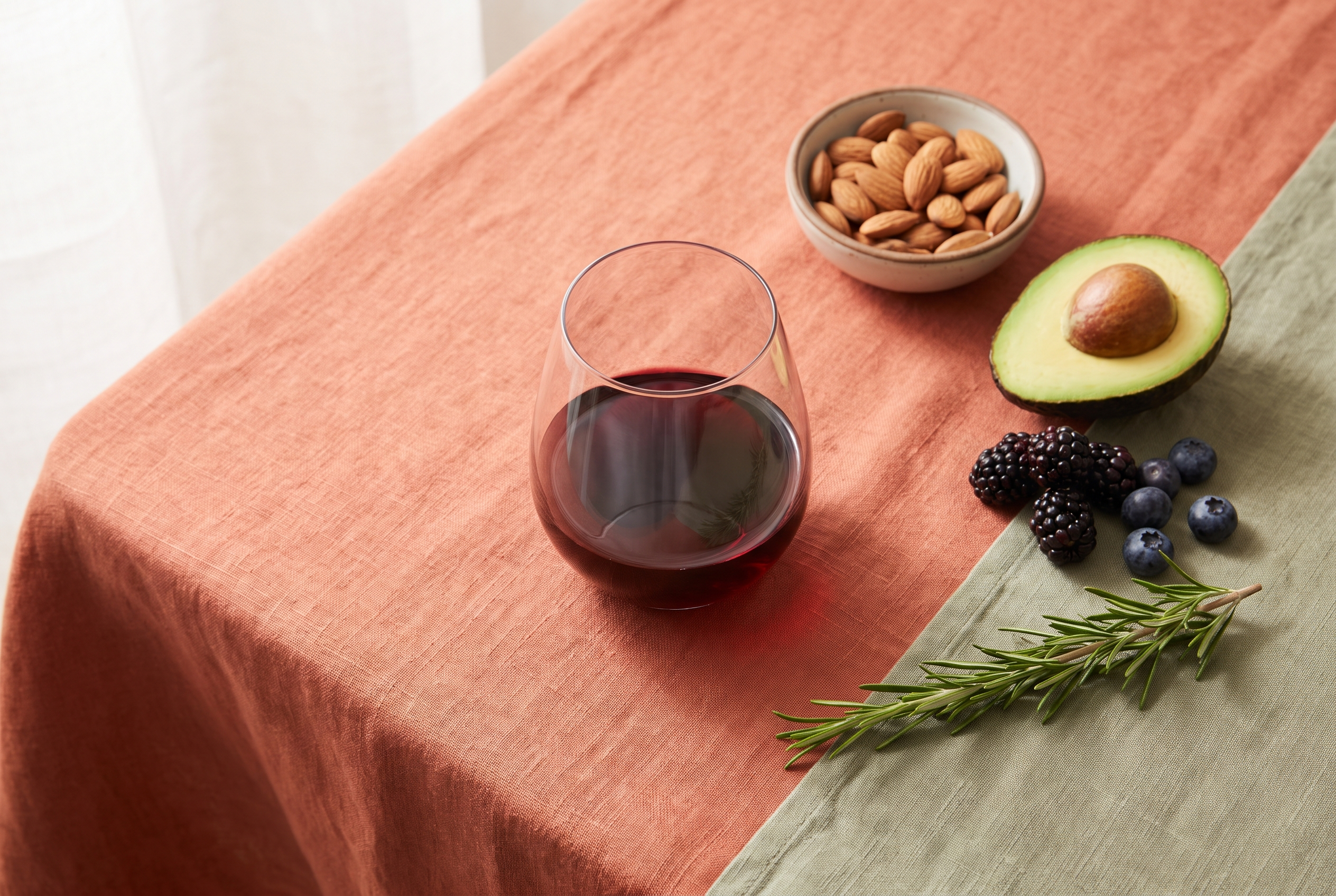 Glass of red wine with fresh herbs and berries on a linen surface