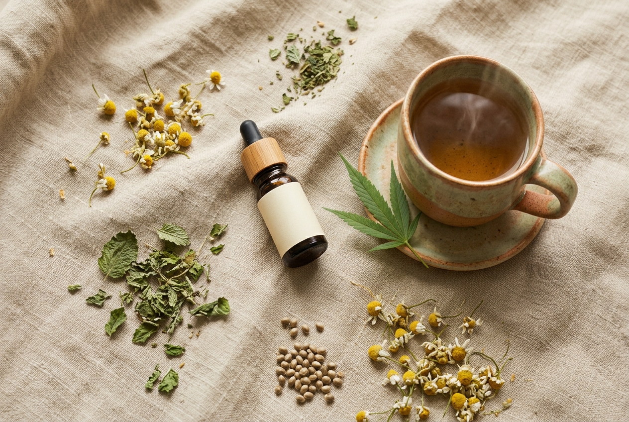 Cannabis CBD oil and hemp leaves alongside fresh herbs on a warm neutral background