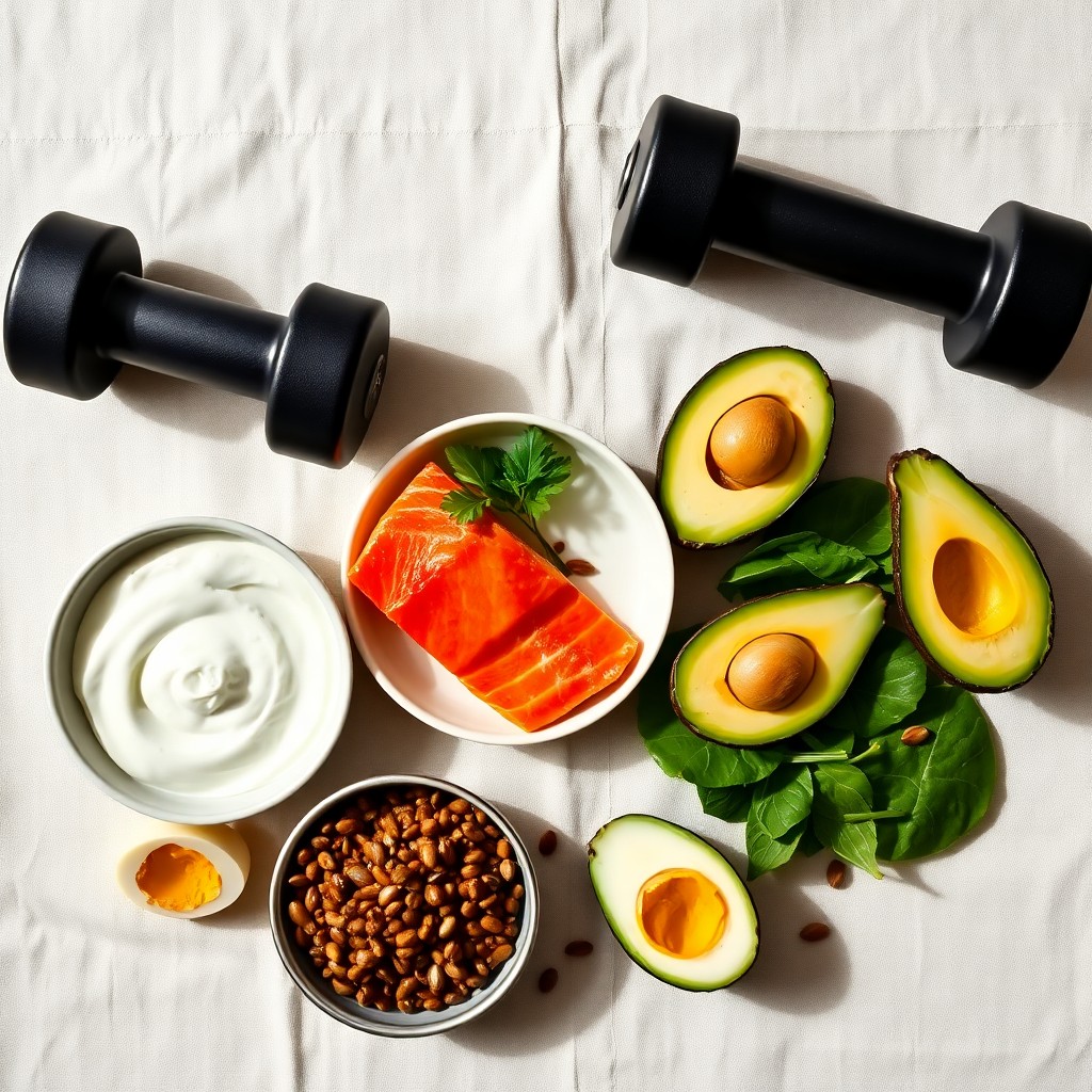 PCOS-friendly exercise and nutrition: dumbbells alongside salmon, eggs, avocado and greens on a linen surface
