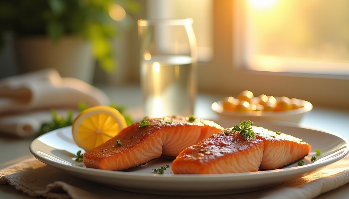 Vitamin D rich foods for PCOS — salmon, eggs and mushrooms