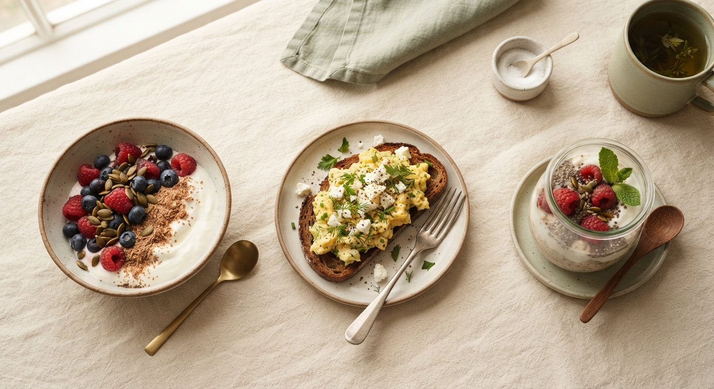 A PCOS-friendly breakfast spread: Greek yogurt berry bowl, herby scrambled eggs with feta on rye, and overnight oats in a jar on a warm linen surface