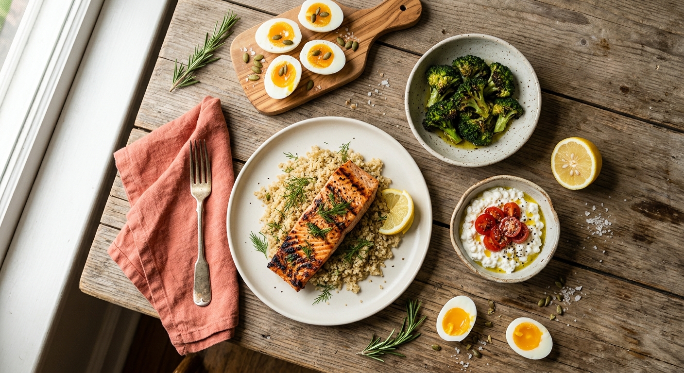 A rustic wooden table set with a PCOS-friendly dinner spread: grilled salmon, roasted vegetables, quinoa and lemon