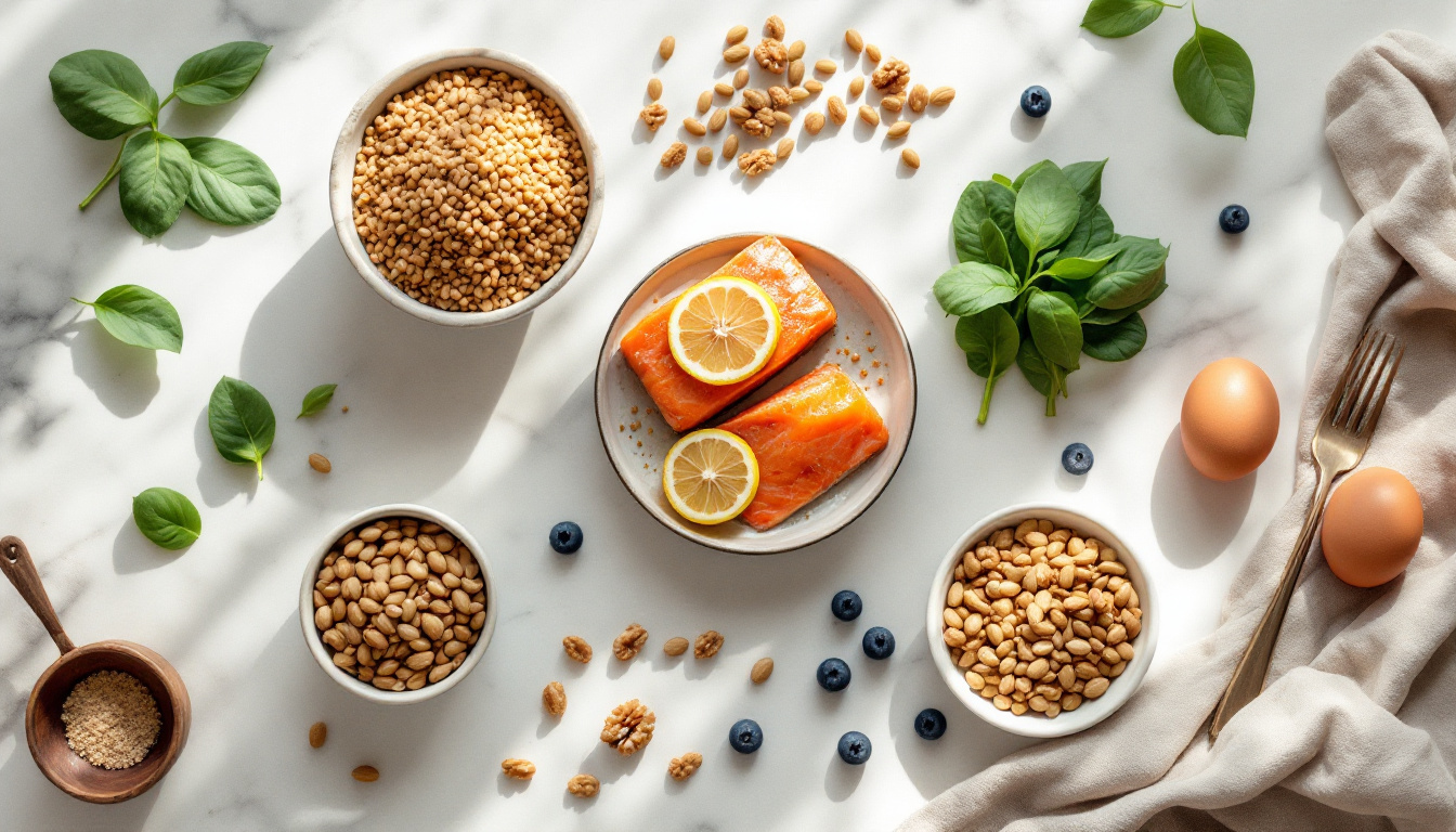 Fertility-supporting PCOS foods: salmon, lentils, eggs, leafy greens, walnuts and pumpkin seeds