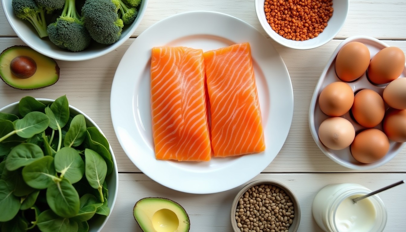 PCOS grocery list — salmon, eggs, legumes, and fresh vegetables