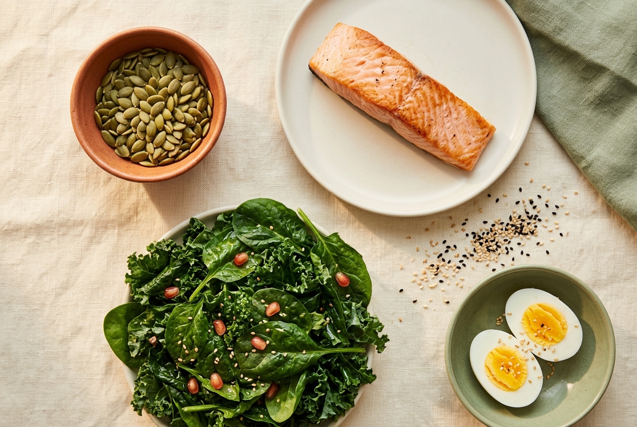 Anti-androgen foods for PCOS hair loss — pumpkin seeds, leafy greens, salmon and lentils on a warm linen surface