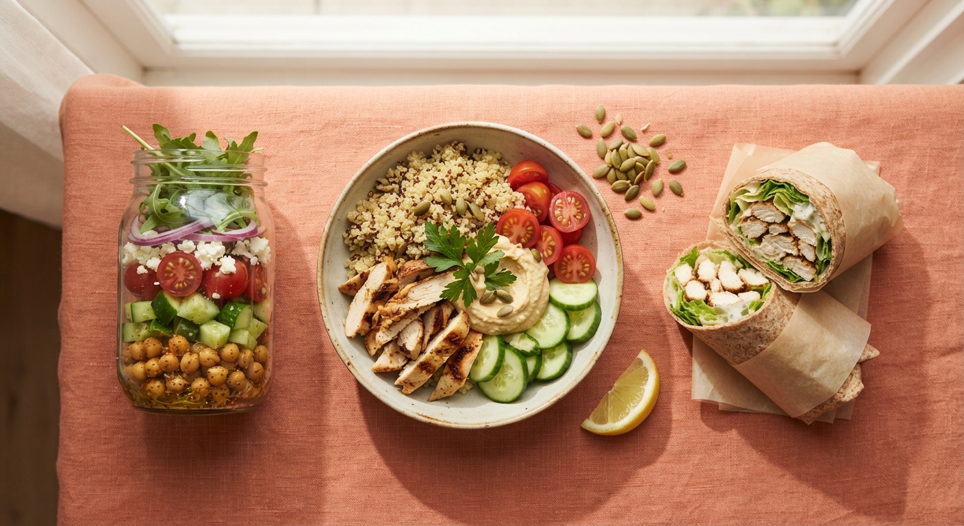 A neatly arranged PCOS-friendly lunch spread: chickpea and feta salad jar, chicken grain bowl, and a wrap on a warm linen surface