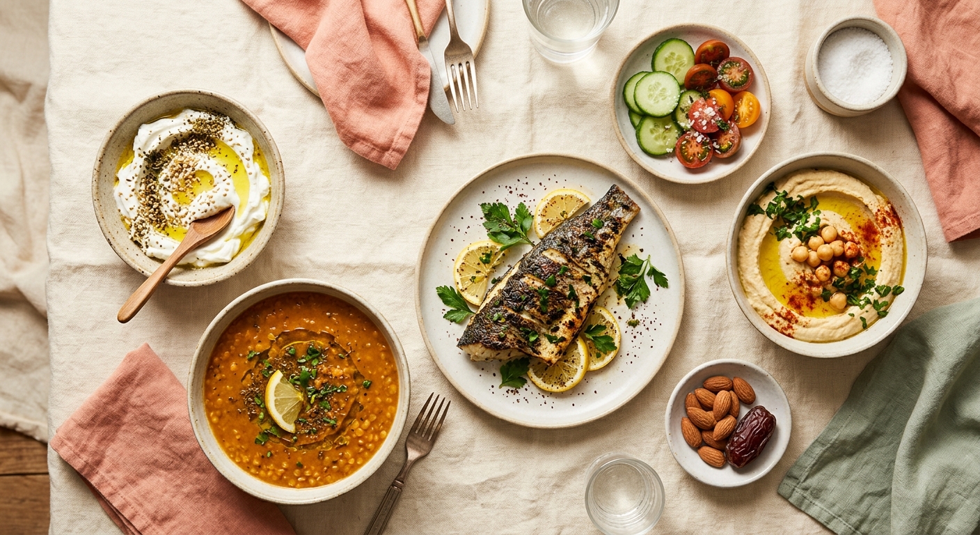Gulf PCOS meal plan — labneh, grilled fish, lentils, hummus and fresh herbs on a warm linen surface