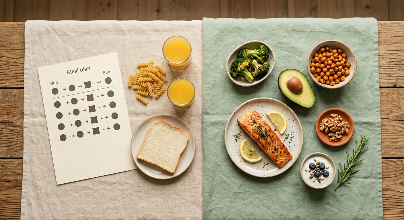 An editorial overhead flat lay comparing a generic meal plan on paper next to a PCOS-focused plan with protein-rich foods on warm linen