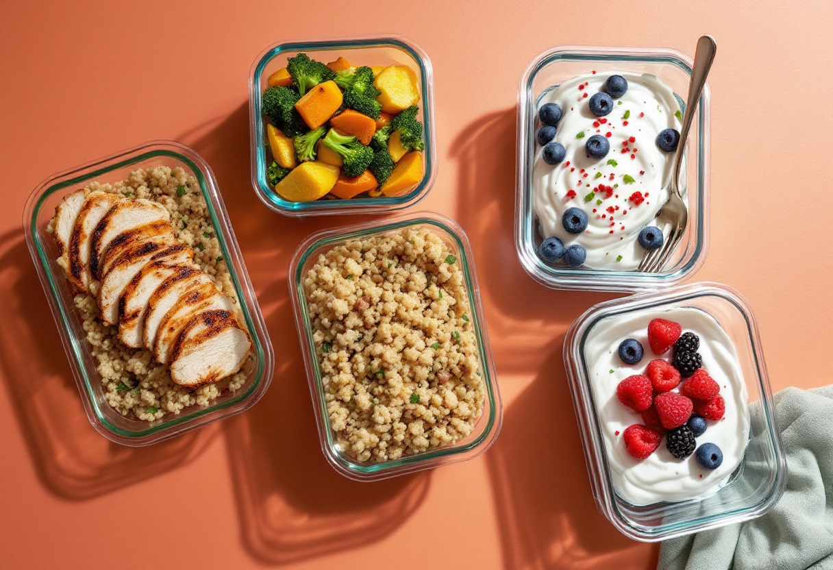 Overhead view of PCOS meal prep containers with high-protein meals, roasted vegetables, and hormone-balancing ingredients on a warm terracotta surface