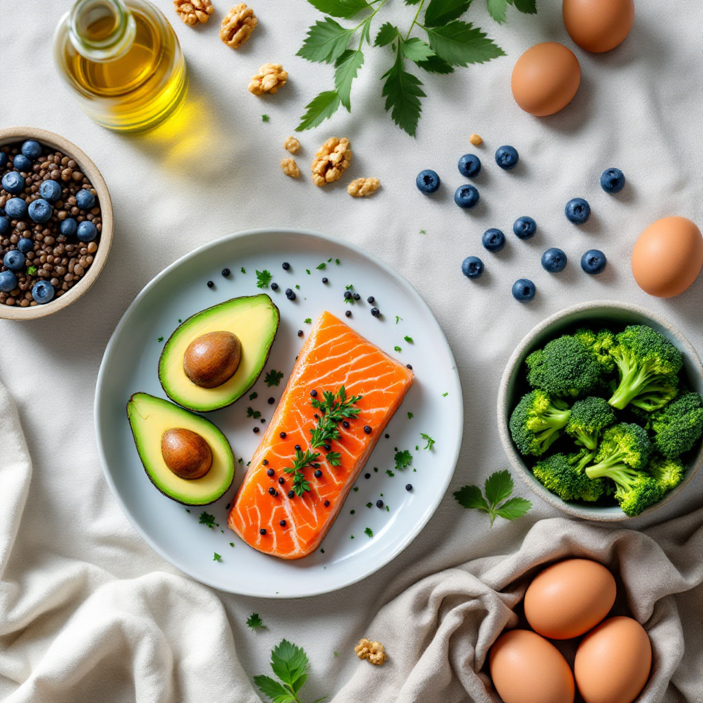PCOS nutrition guide — colourful whole foods including salmon, lentils, avocado and vegetables on a wooden surface