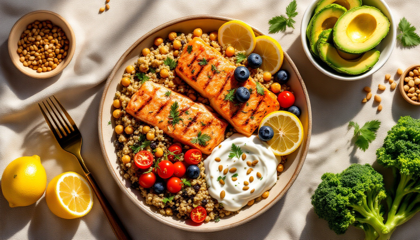PCOS hormone-balancing recipes — salmon bowl with quinoa, chickpeas and vegetables
