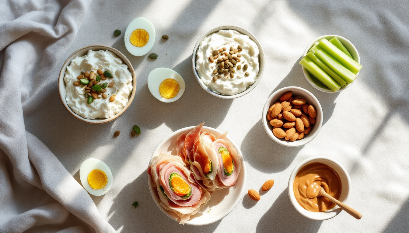 Selection of PCOS-friendly high-protein snacks including Greek yogurt, hard-boiled eggs, smoked salmon, and nuts