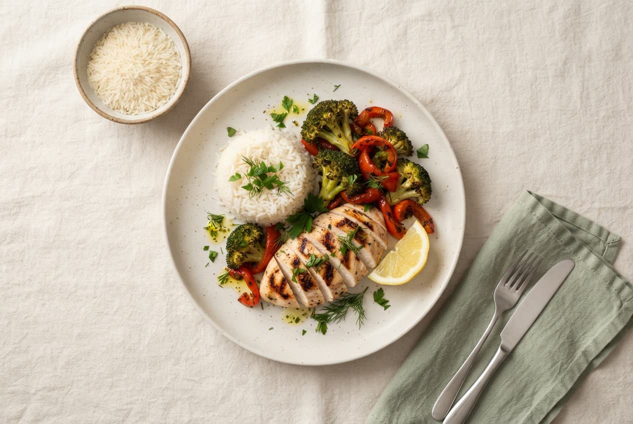 Small portion of basmati rice with grilled chicken, roasted vegetables and herbs — a balanced PCOS plate