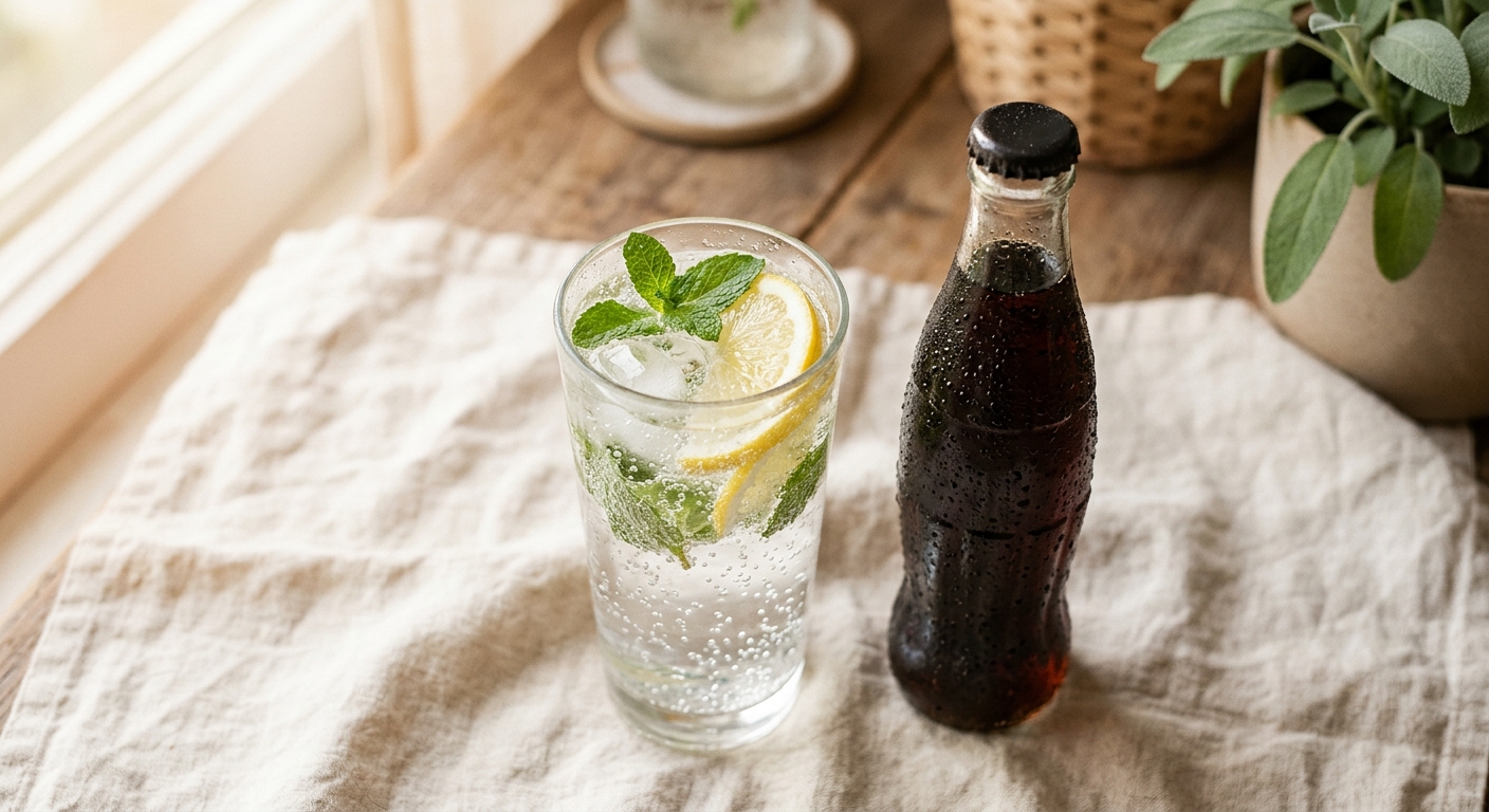 A glass of sparkling water with lemon and mint next to a can of soda on a warm linen surface