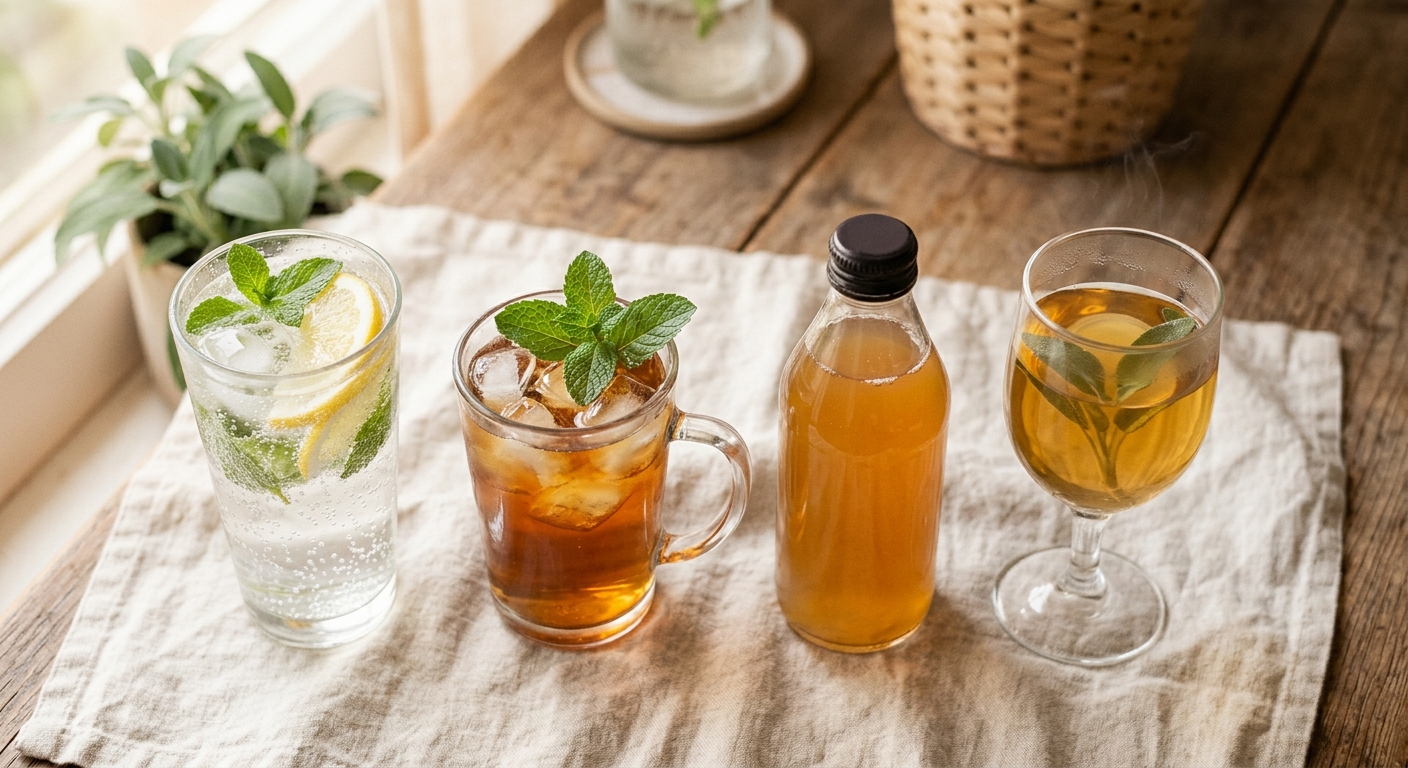 A row of PCOS-friendly drinks — sparkling water, cold brew, herbal tea and kombucha on a warm linen surface