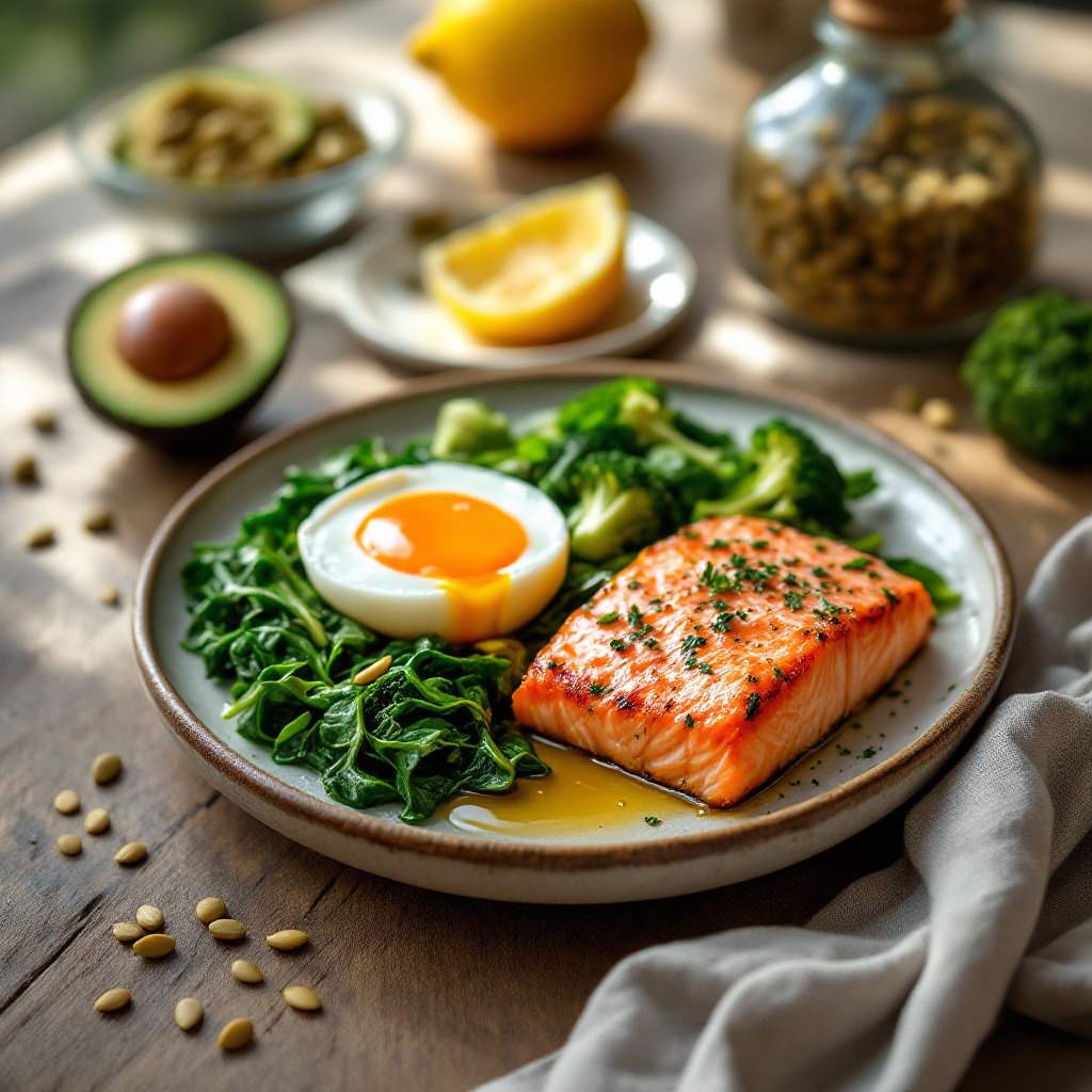 PCOS-supportive foods including eggs, salmon, avocado, lentils, and leafy greens