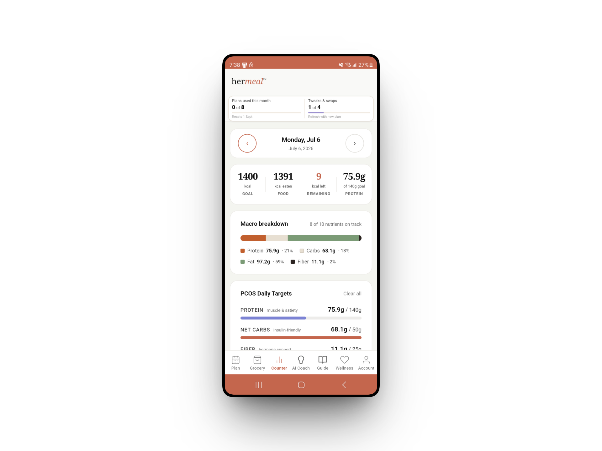HerMeal calorie counter with PCOS daily targets