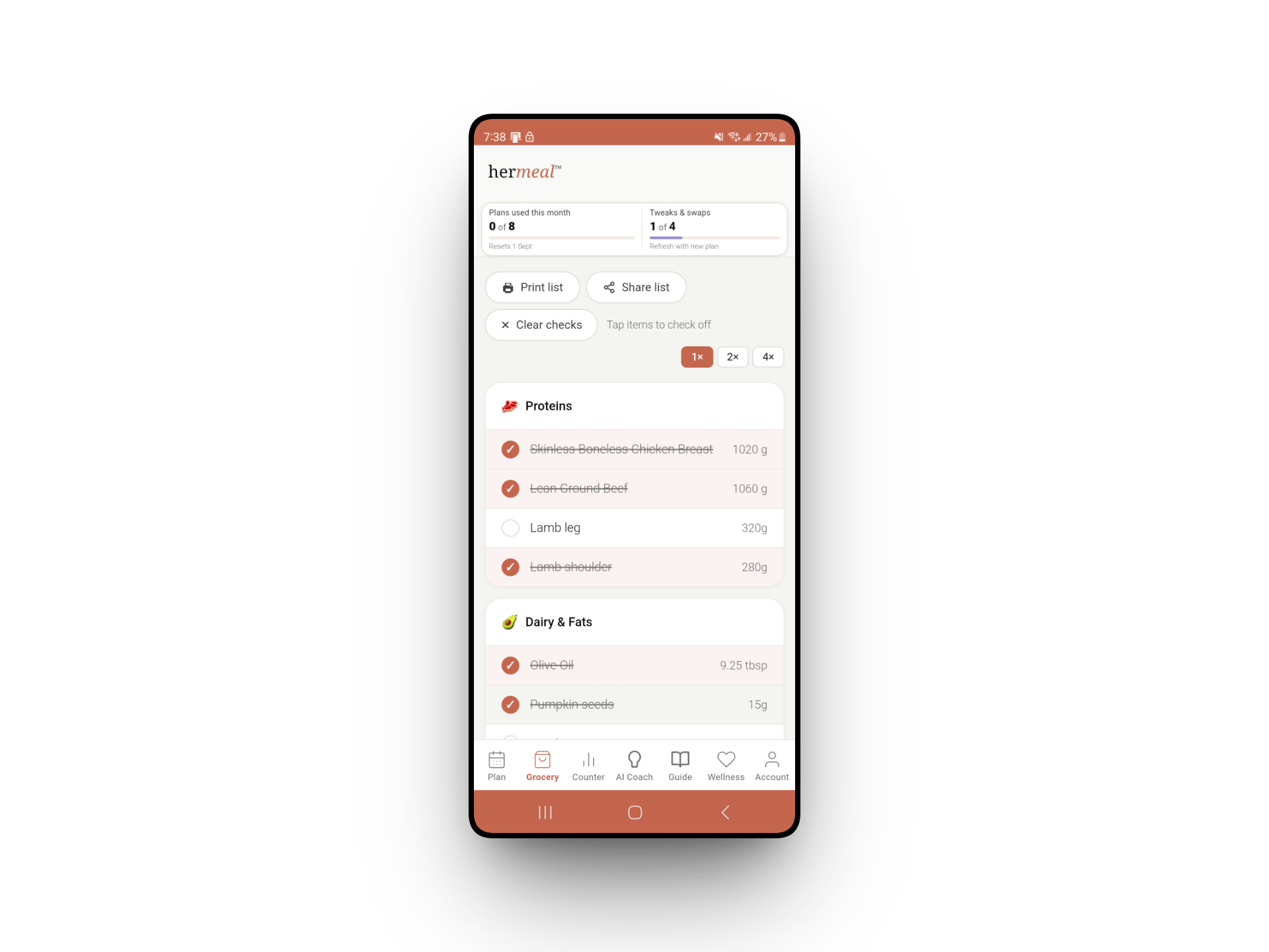 HerMeal grocery list organised by category