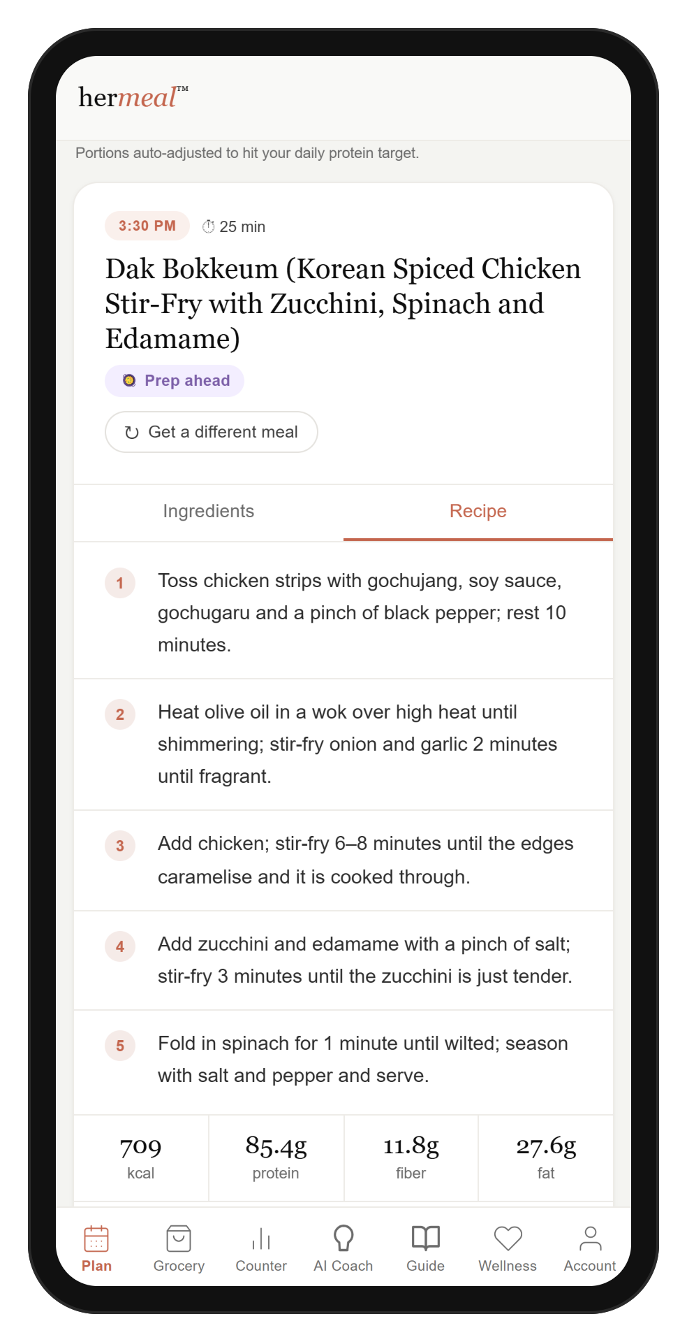HerMeal recipe steps — step-by-step PCOS meal instructions on phone