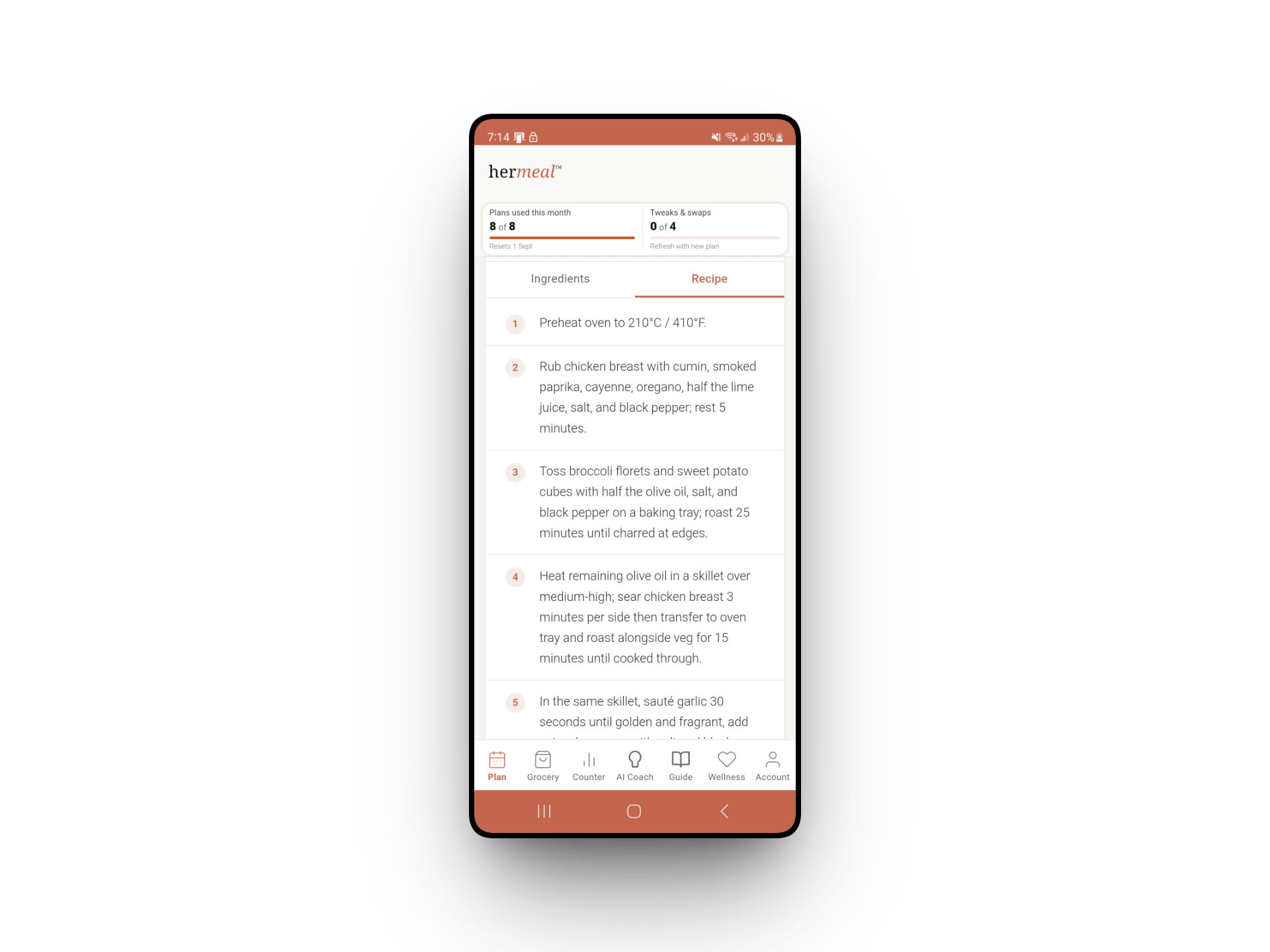 HerMeal recipe steps — step-by-step PCOS meal instructions on phone