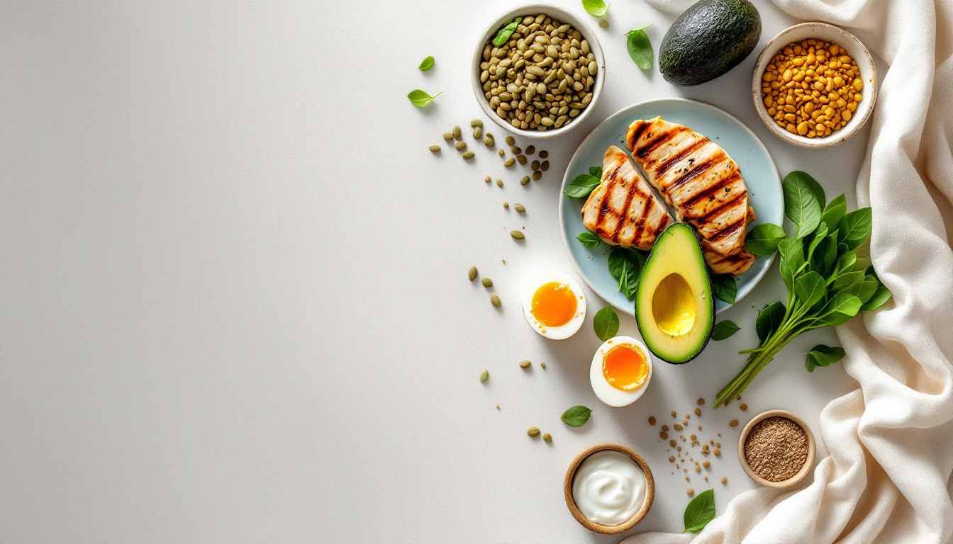 PMOS-friendly foods: salmon, eggs, avocado, lentils, spinach and pumpkin seeds on a light surface